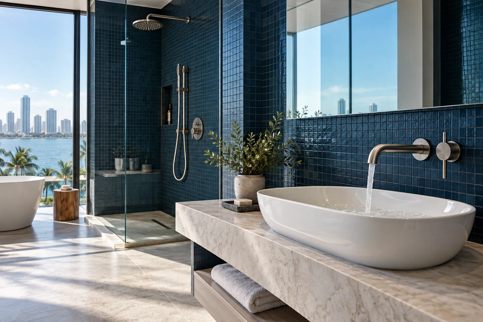 Navy tiled bathroom with contemporary faucet and shower — AI concept