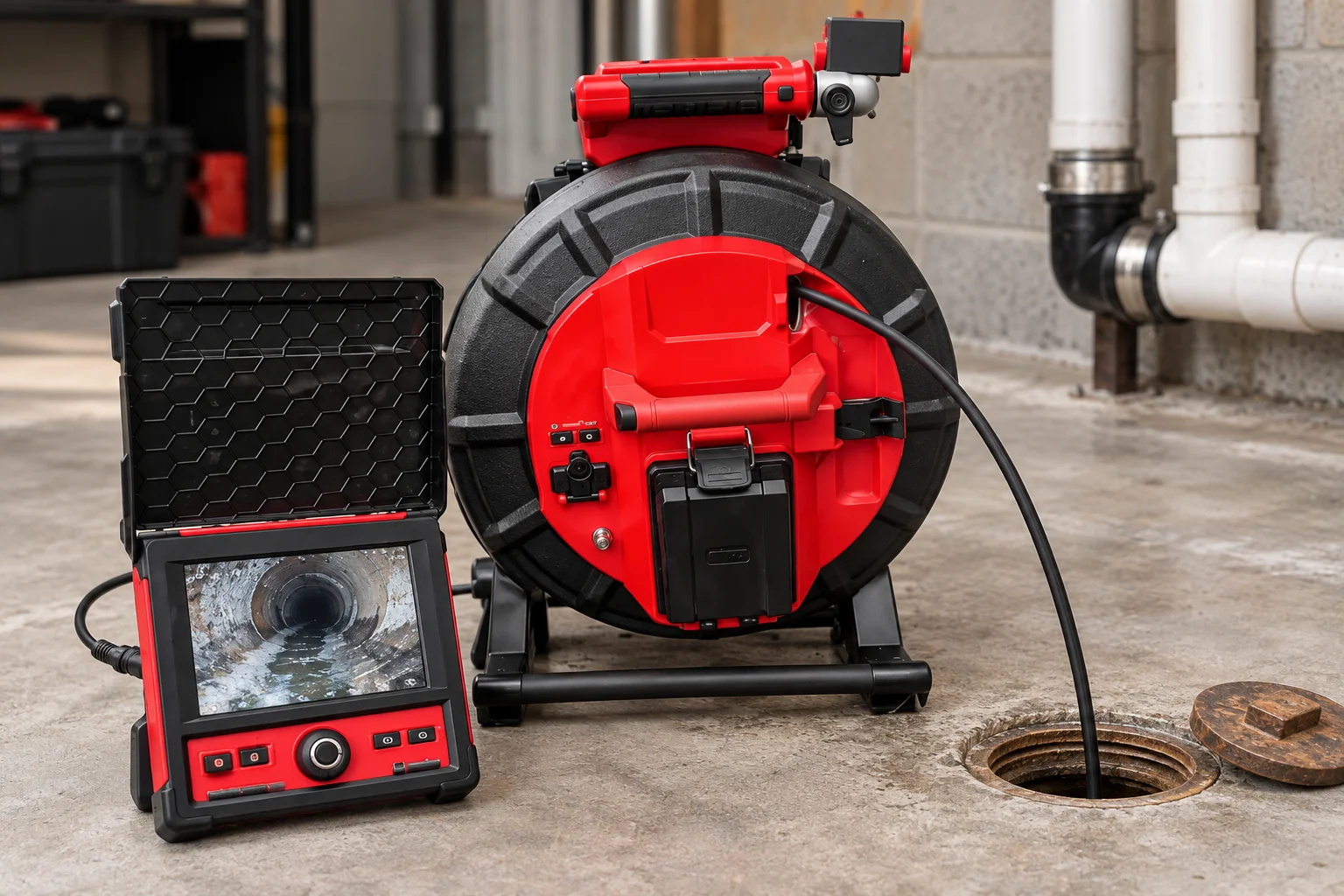 Drain inspection camera, reel and monitor — AI illustration