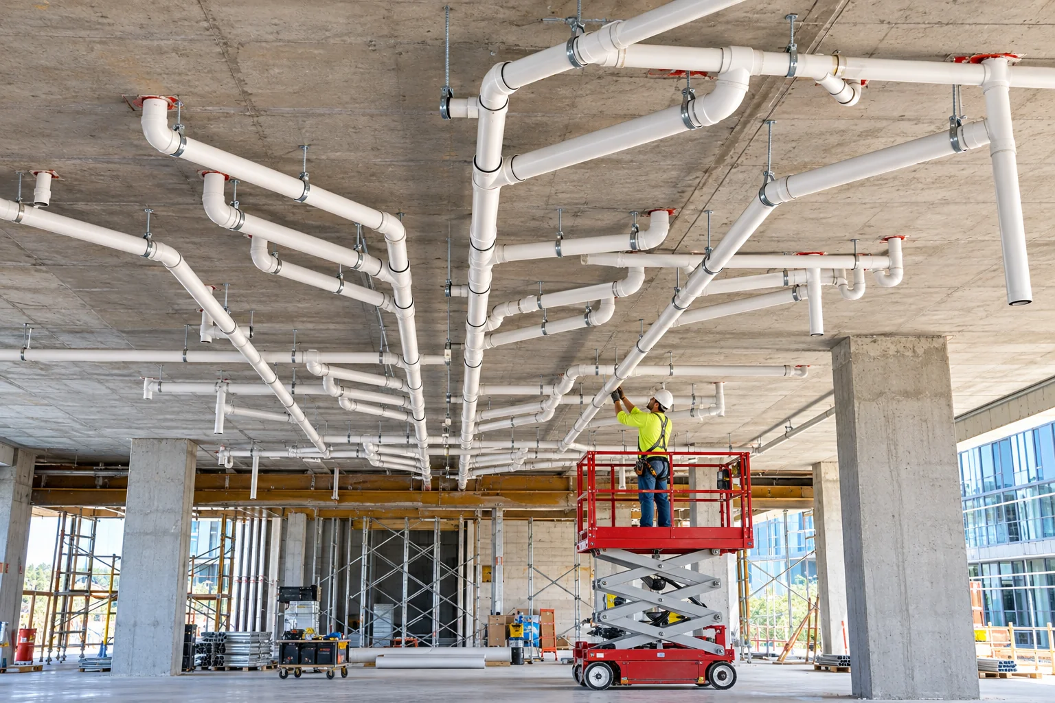 Commercial pipework and scissor lift — AI illustration