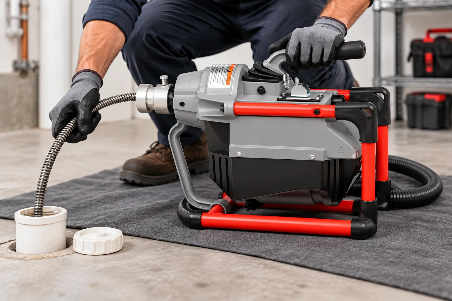 Sectional drain cleaning machine at a cleanout — AI illustration