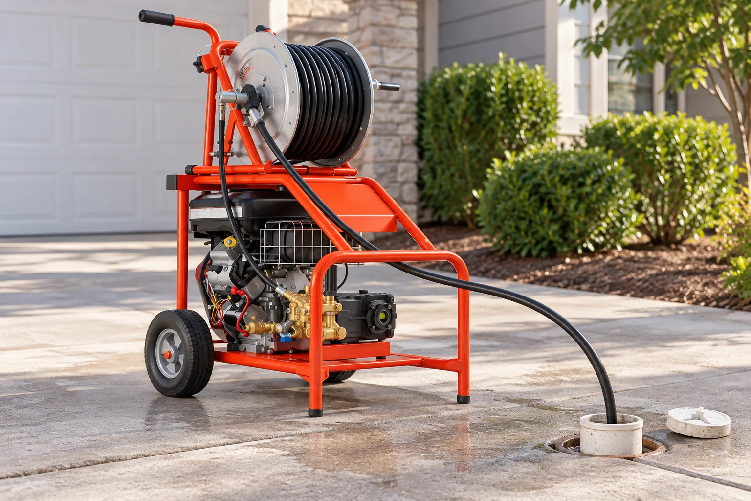 Hydro jetting pump and hose reel — AI illustration