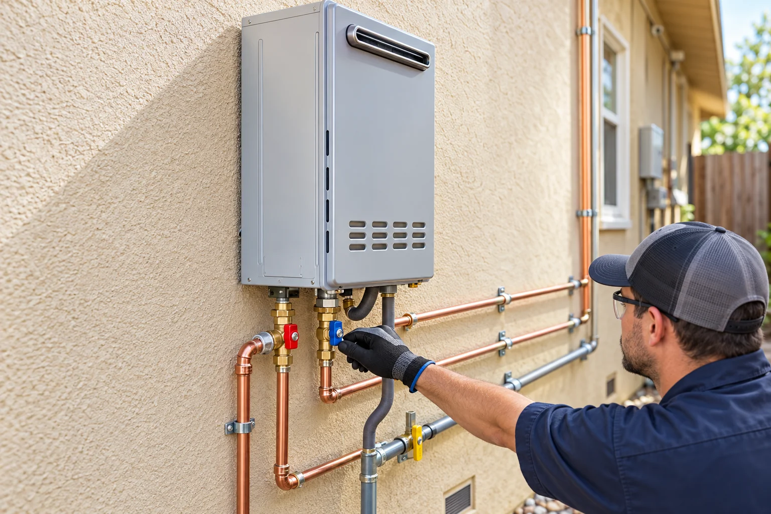 Tankless heater with service valves — AI illustration