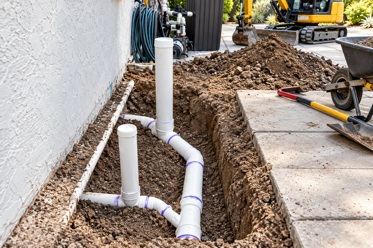 Underground drain repair and excavation equipment — AI illustration